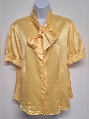 George L 12-14 Satin Silky Button Down Top Front Tie Bow Short Sleeves Yellow